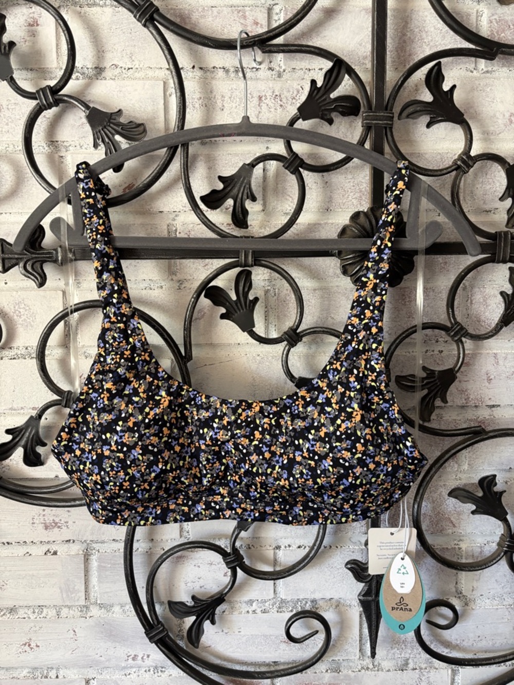Prana Black Floral Scoop Bralette with Blue & Yellow Flowers